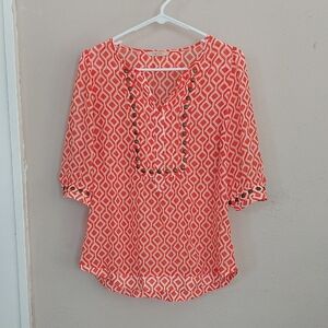 41 Hawthorn Women's Medium Coral/Cream Geometric Pattern Blouse